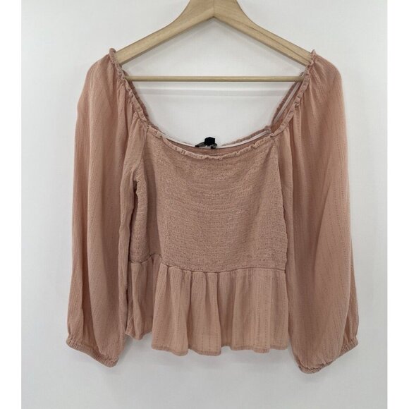 American Eagle Women’s Blush Pink Puff Fleece Smocked Peplum Crop Top Sz M‎ Boho - Picture 1 of 9